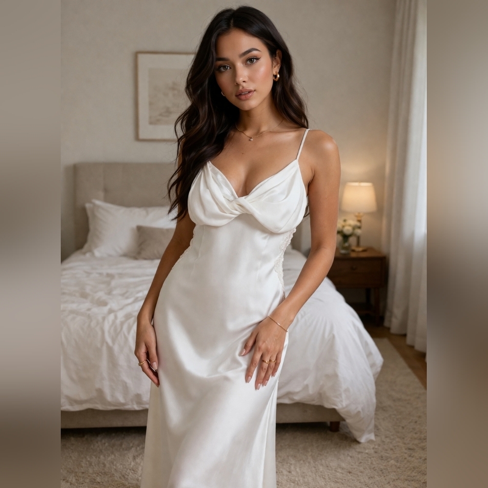 After Party White Satin Slip Dress – Lace Detail – Size L